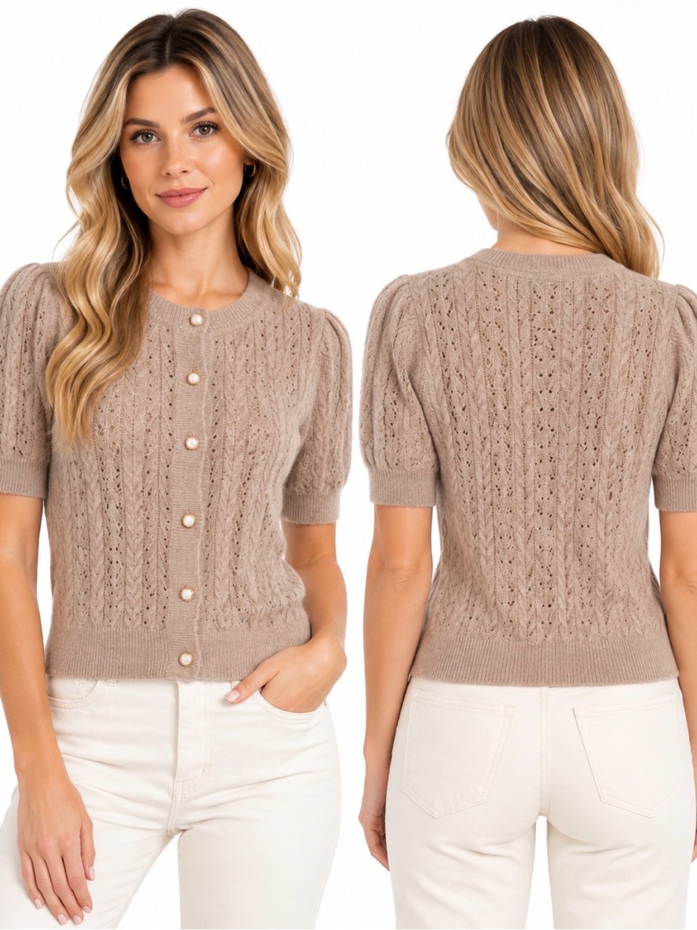 Joie 100% Cashmere Pointelle Cable Knit Cardigan Pearl Buttons S NWT
